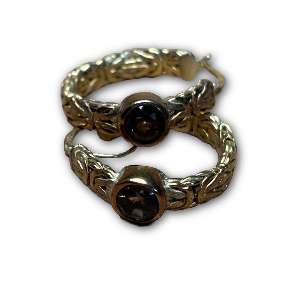 Vintage Gold-Tone Hoop Earrings with Brown Faceted Stones